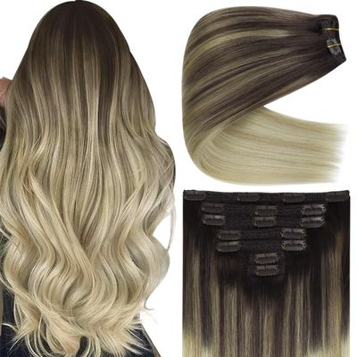 Ve Sunny Clip in Hair Extensions Long Straight Human Hair Clip in Extensions Ombre Real Hair Clips Extensions for Women Dark Brown Ombre Golden Blonde Mix Light Blonde Soft Silky 7pcs 120g 22inch