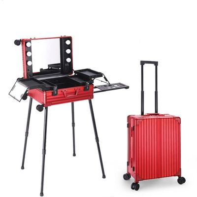 GGGUOJINN Aluminum Rolling Makeup Case Beauty Makeup Trolley Case LED Light Mirror Case Silver Suitcase Folding Table Bag (Color : Red, Size : 40 * 22 * 52cm) (Red 40 * 22 * 52cm)