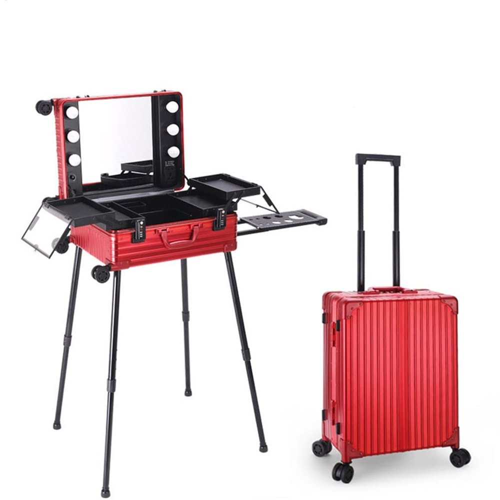 GGGUOJINN Aluminum Rolling Makeup Case Beauty Makeup Trolley Case LED Light Mirror Case Silver Suitcase Folding Table Bag (Color : Red, Size : 40 * 22 * 52cm) (Red 40 * 22 * 52cm)