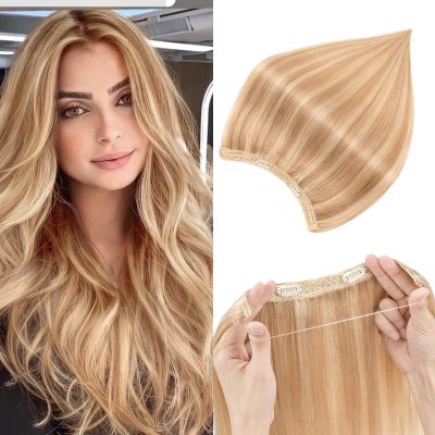 Prokyvity Halo Hair Extensions Real Human Hair,Halo Hair Extension 100% Human Hair,Wire Hair Extensions,Thicker 12P613 Golden Brown Mixed Bleach Blonde 20inch/100g