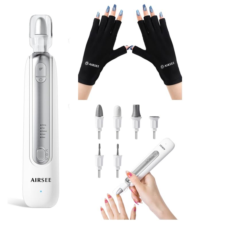 AIRSEE Gloves+ Professional Manicure Pedicure Kit Professional Manicure Pedicure Kit,Cordless 6 in 1 Electric Nail File for feet