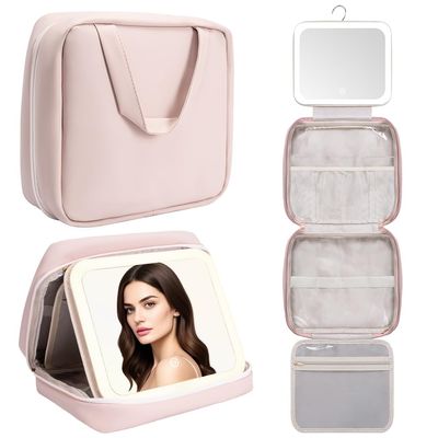 Glint&Glide Travel Makeup Bag with LED Lighted Detachable Mirror, Tri-light Dimmable - Hanging Multi-Compartment Organizer for Women, Portable Cosmetic Case with Four Divided Storage, Pink
