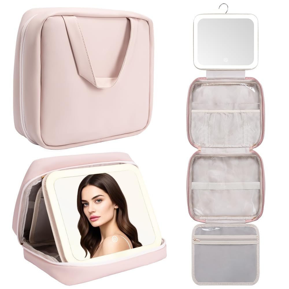 Glint&Glide Travel Makeup Bag with LED Lighted Detachable Mirror, Tri-light Dimmable - Hanging Multi-Compartment Organizer for Women, Portable Cosmetic Case with Four Divided Storage, Pink