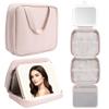 Glint&Glide Travel Makeup Bag with LED Lighted Detachable Mirror, Tri-light Dimmable - Hanging Multi-Compartment Organizer for Women, Portable Cosmetic Case with Four Divided Storage, Pink view 1