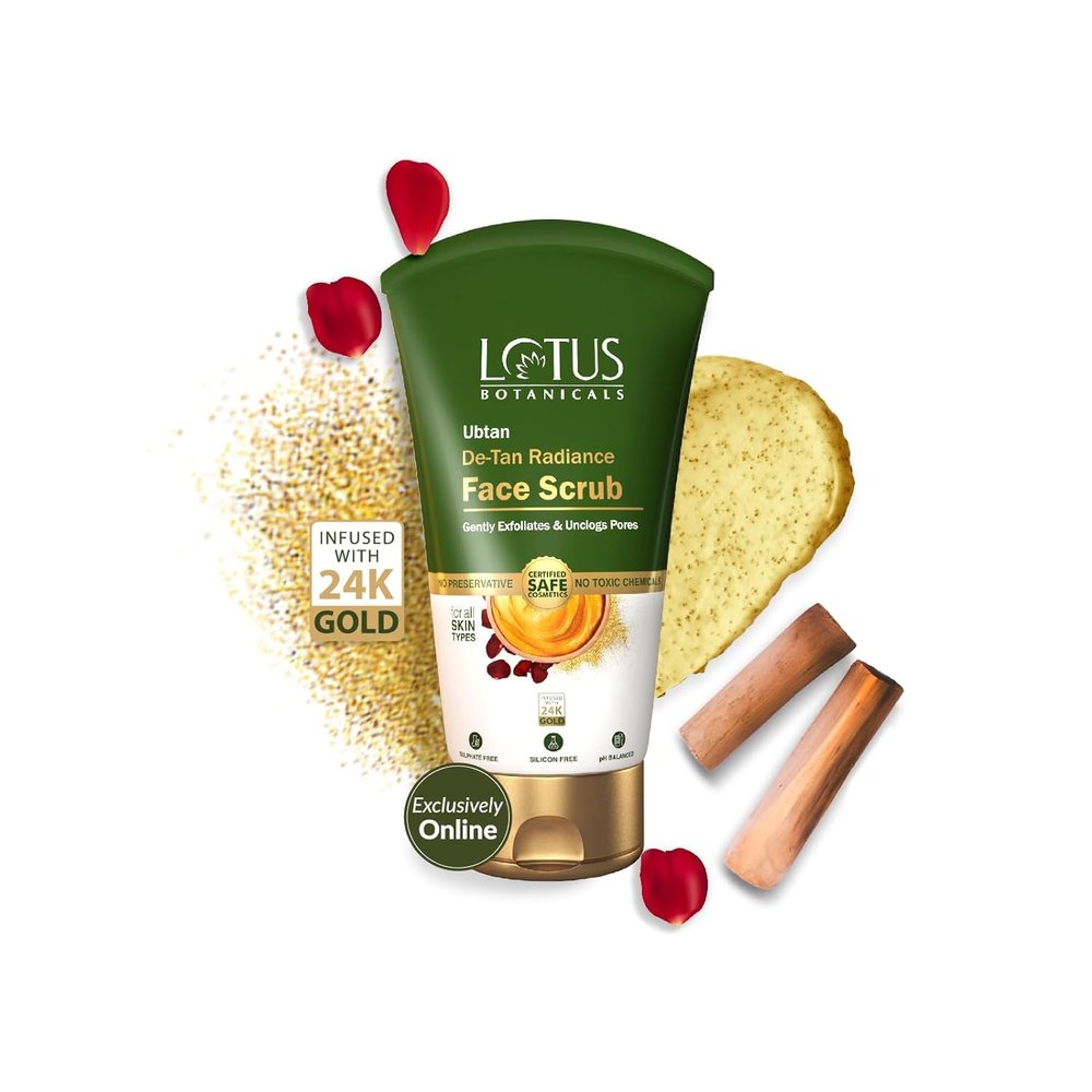 Lotus Botanicals Ubtan De-Tan Radiance Face Scrub | Infused with 24K Gold | For Gentle Exfoliation, Unclogs Pores, Glowing & Rejuvenated Skin, Anti-Tan