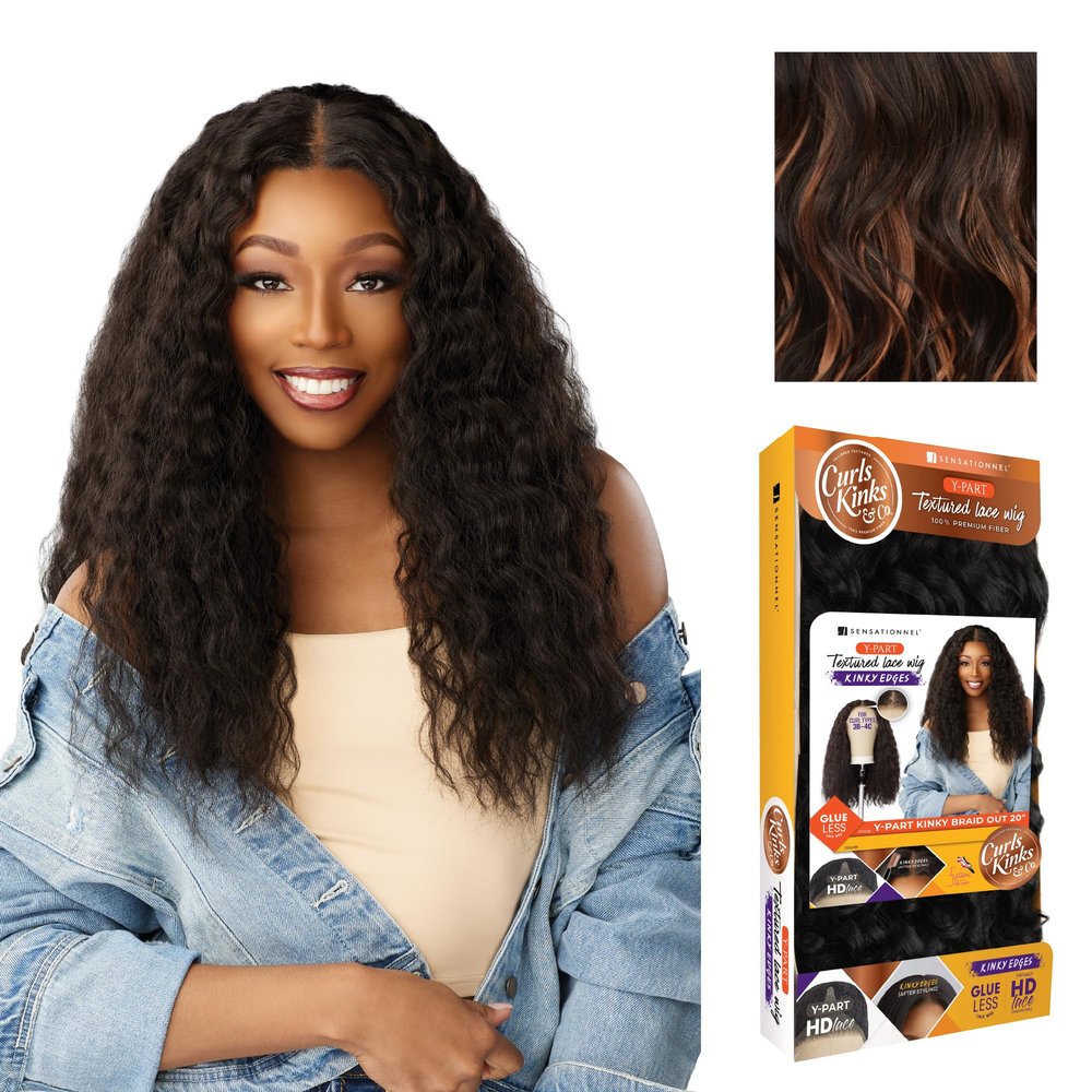 Sensationnel Curls Kinksandco Kinkyedges Wig - Kinky Braid Out 20 Inch Y Part Lace Natural Kinkytexture Edged Hairline for Natural 3C to 4C Hair Textures (F1B/30)