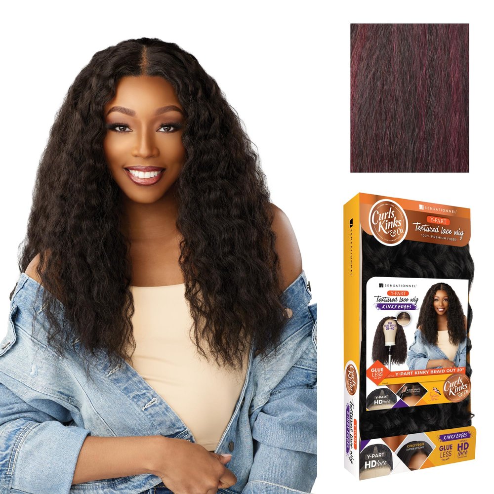 Sensationnel Curls Kinksandco Kinkyedges Wig - Kinky Braid Out 20 Inch Y Part Lace Natural Kinkytexture Edged Hairline for Natural 3C to 4C Hair Textures (F1B/BG)