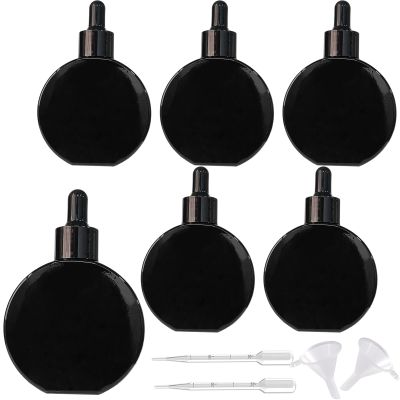 AGENIZ Black Dropper Bottles 2 OZ 6 Pcs Transparent Round Flat Glass Bottles with Eye Dropper, for Perfume Serums Hair Oils and other liquids (Black, 2 OZ)