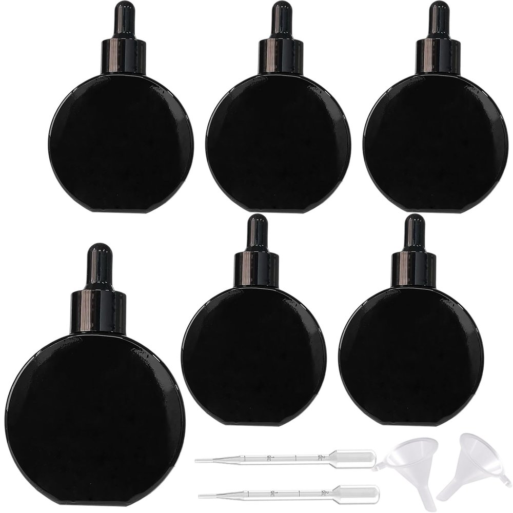 AGENIZ Black Dropper Bottles 2 OZ 6 Pcs Transparent Round Flat Glass Bottles with Eye Dropper, for Perfume Serums Hair Oils and other liquids (Black, 2 OZ)