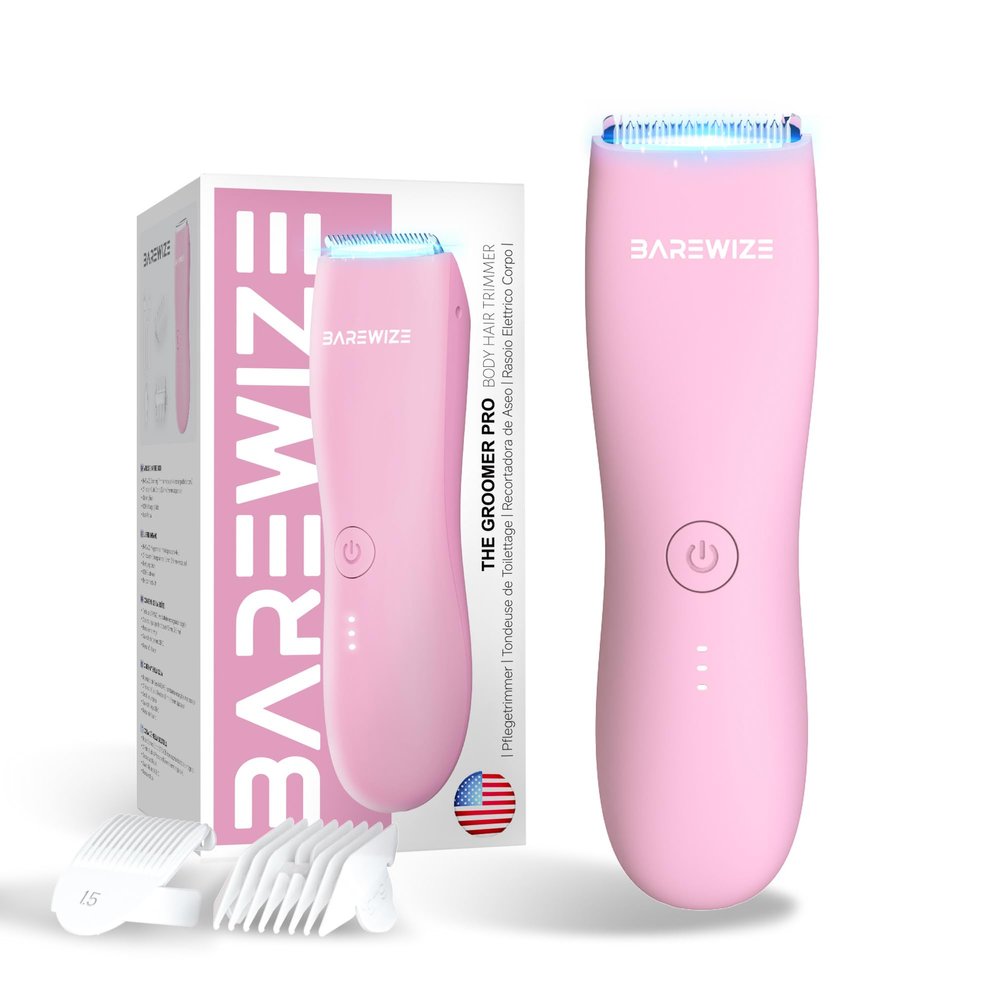 BAREWIZE Bikini Trimmer for Women, Pubic Hair Trimmer | Waterproof, USB-C Rechargeable, LED Light, Replaceable Blade | Electric Razors for Women, Electric Lady Shaver (Blush Pink)