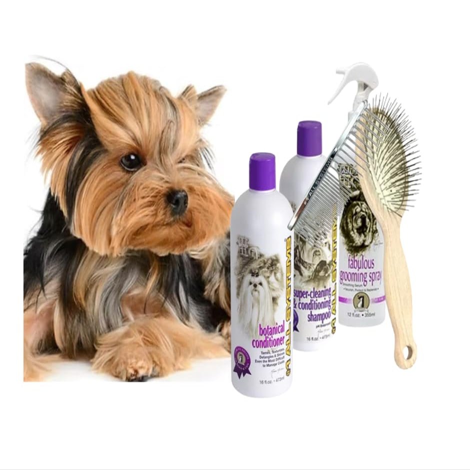 #1 All Systems Yorkie Grooming Kit, 5-Piece Set with Shampoo, Conditioner, Spray, Brush, Comb