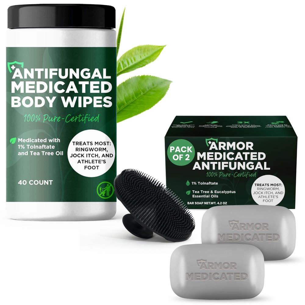 Antifungal Soap Pack of 2 with Scrubber + Medicated Body Wipes | Jock Itch Treatment, Fights Ringworm & Athletes Foot | Tea Tree Oil 1% Tolnaftate | Deep Cleansing & Exfoliation | 40 Wipes