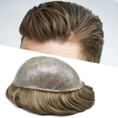 Hair Wonders Men's Toupee Real Human Hair Piece Poly Toupee For Men Human Hair Replacement System Man Hairpieces For Hairloss Protesis Capilar Para Hombre 7X10#1830#18 Medium Blonde+30% Grey