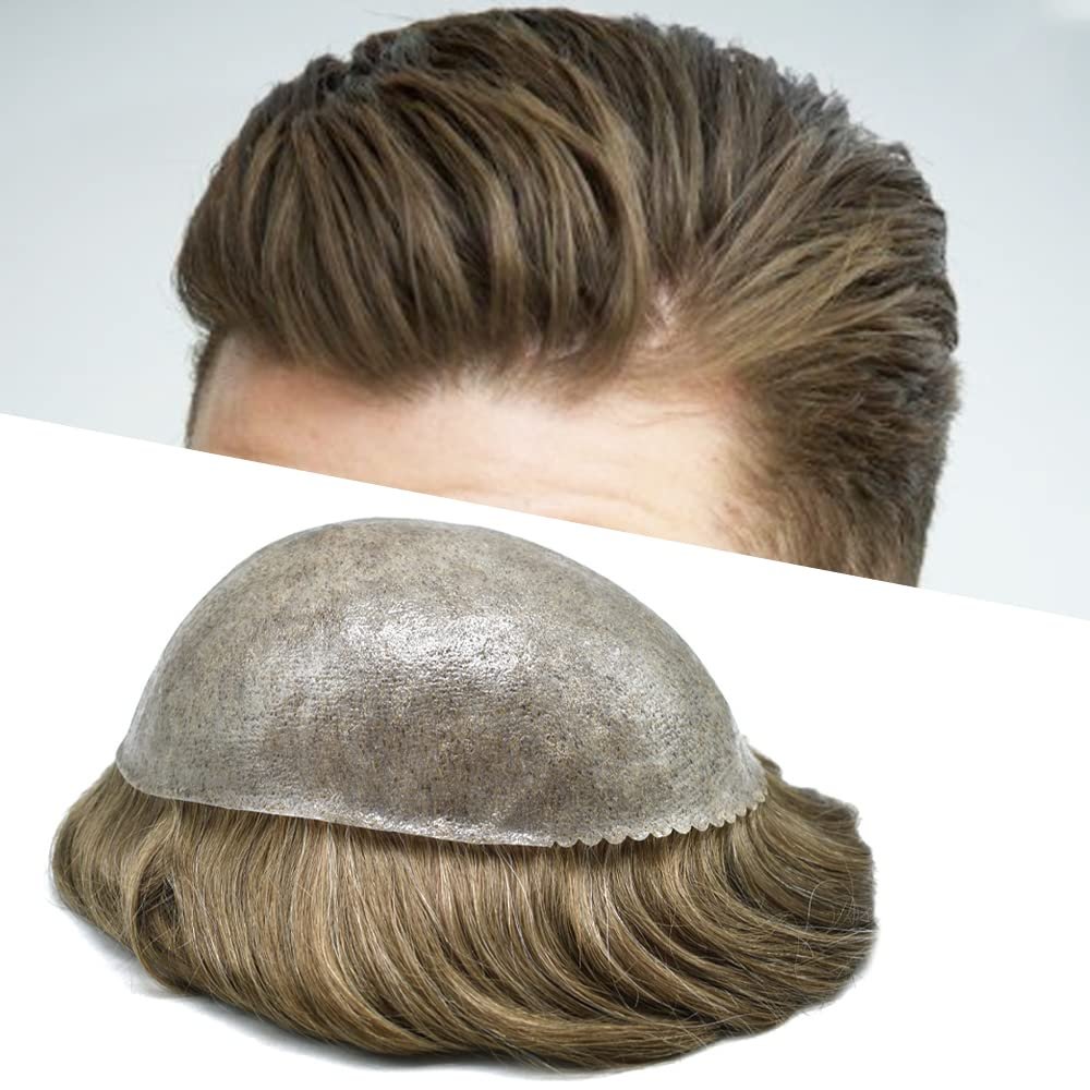 Hair Wonders Men's Toupee Real Human Hair Piece Poly Toupee For Men Human Hair Replacement System Man Hairpieces For Hairloss Protesis Capilar Para Hombre 7X10#1830#18 Medium Blonde+30% Grey