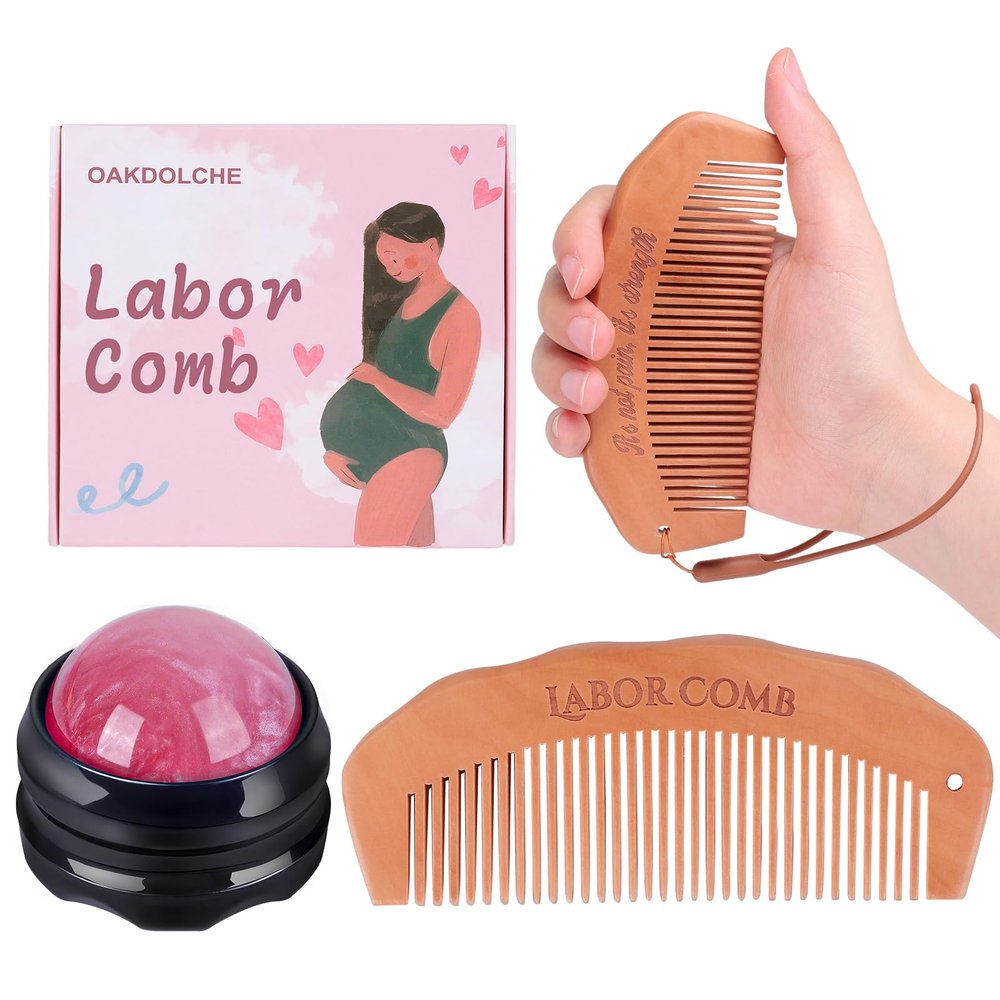 OAKDOLCHE Wooden Birth Comb & Massage Roller Ball Kit for Women Labor and Delivery Essentials, Labor Comb Pregnancy Must Haves, Designed for Expectant Moms