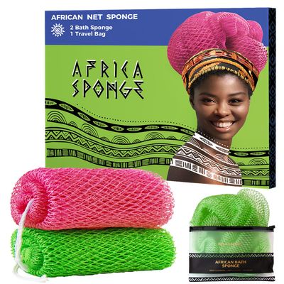 African Net Sponge Authentic - 2 Pieces Exfoliating Body Scrubber Bath Sponge Camellia&Green- Back Scrubber Washcloth for Shower - Real African Scrub Exfoliator Body Care Bathing Accessorie