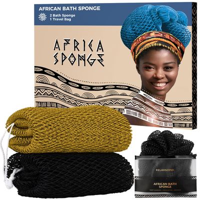 African Net Sponge Black and AntiGolden - 2 Pieces Authentic African Bath Sponges with Knots - Exfoliating Body Scrubber for Men - Back Scrub Exfoliator for Shower Bathroom Accessories