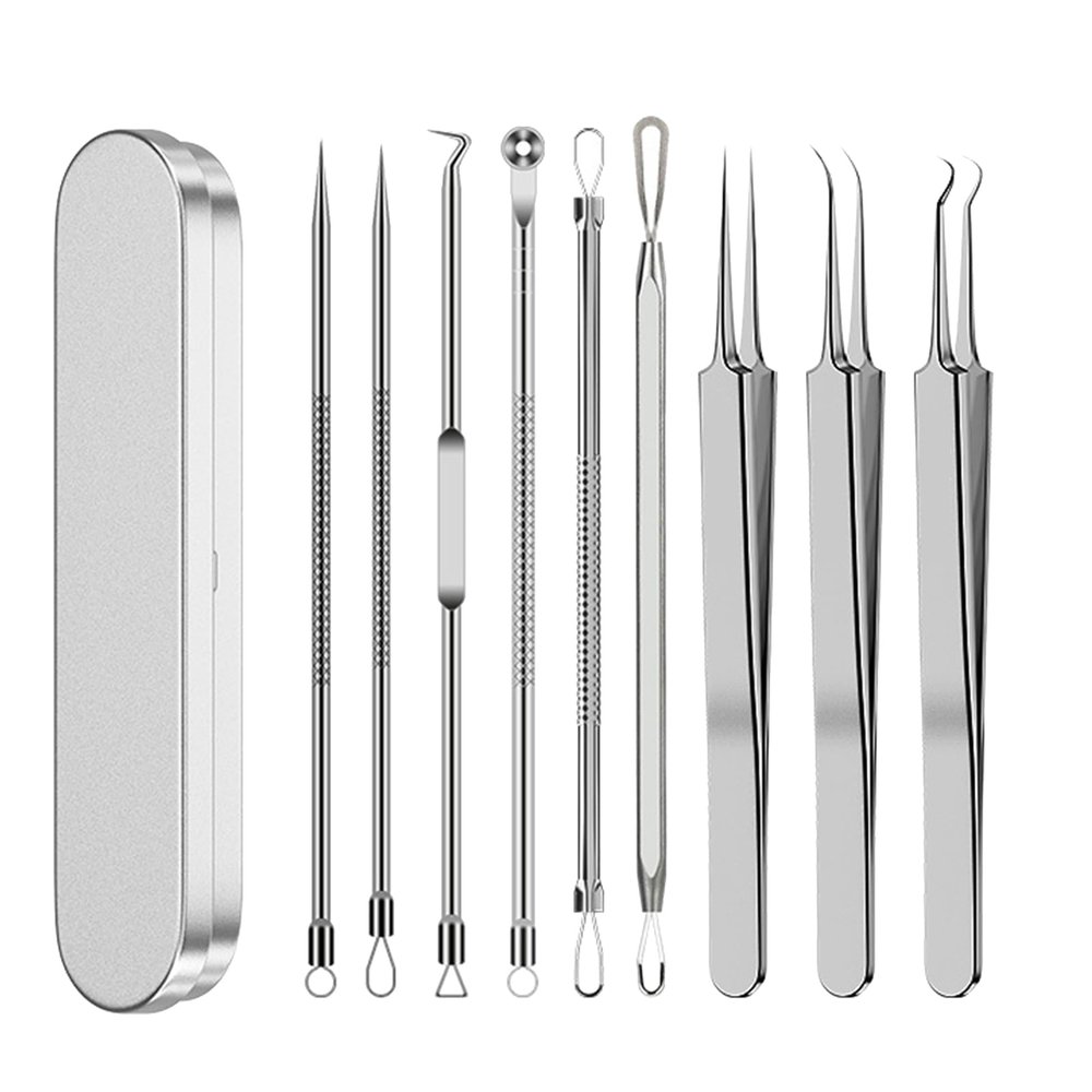 Stainless Steel Blackhead Remover Tool Kit, 9 PCS Black Head Removal Tool Set, Pimple Popper Tool Kit with Metal Case