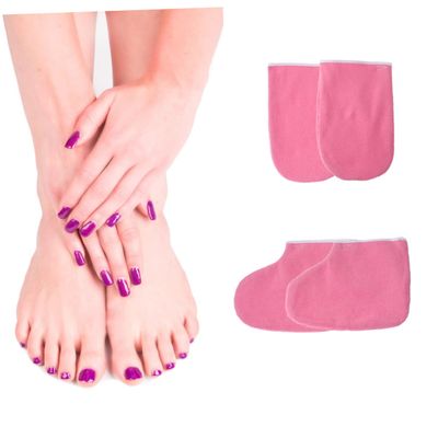 DEARMAMY 2pairs Paraffin Wax Mitts Exfoliating Gloves Heat for Nail Care Beauty Care Gloves Pink Cloth Mitts Booties
