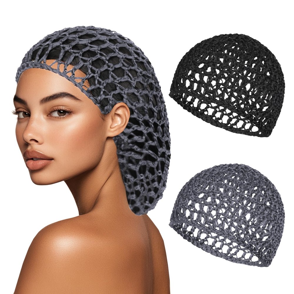 2 PCS Hair Nets for Sleeping Mesh Crochet Hair Wrap Breathable Sleep Cap for Women Reusable Elastic HairnetBlackGrey