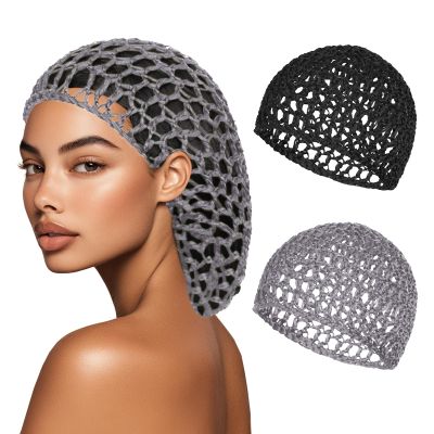 2 PCS Hair Nets for Sleeping Mesh Crochet Hair Wrap Breathable Sleep Cap for Women Reusable Elastic HairnetBlackSilver Grey