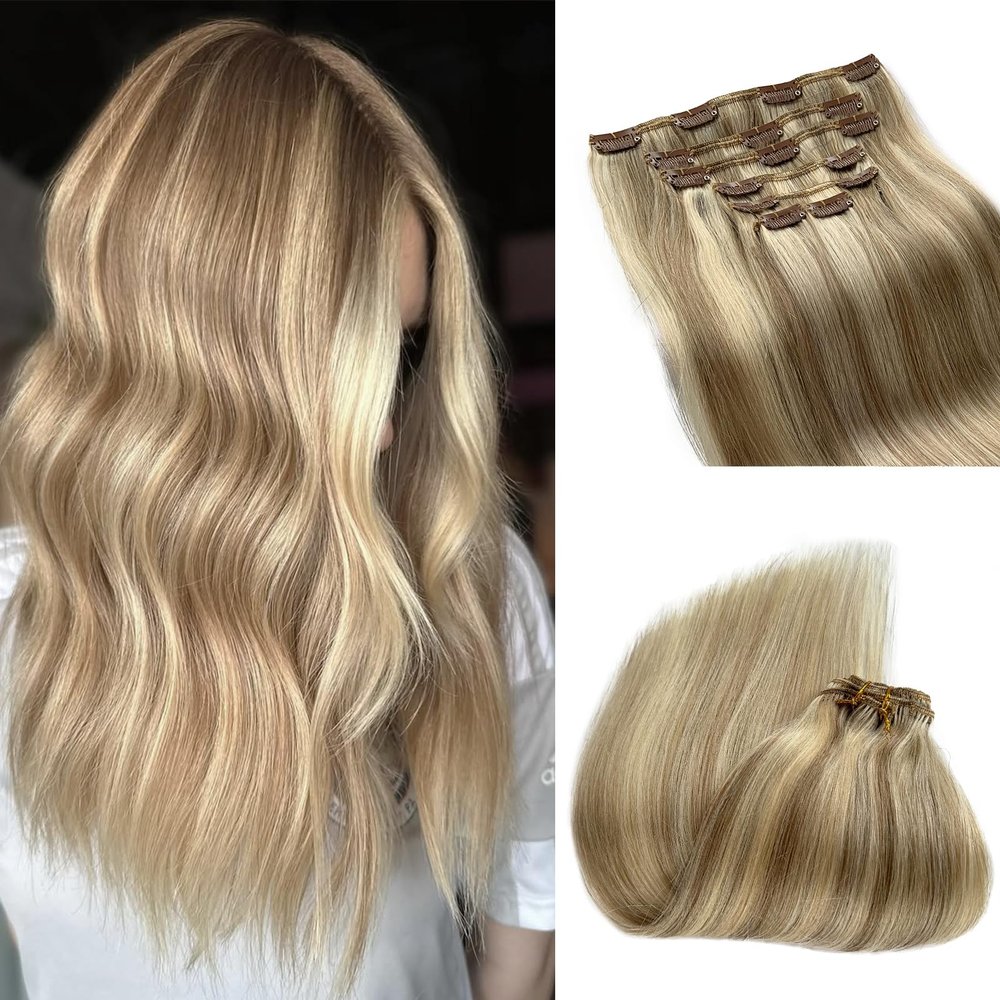 Blonde Hair Extensions Real Human Hair, 15 Inch Thick Full Ash Blonde Clip in Hair Extension Highlight Platinum Human Hair Clip in Extensions for Women 70G Soft Fine