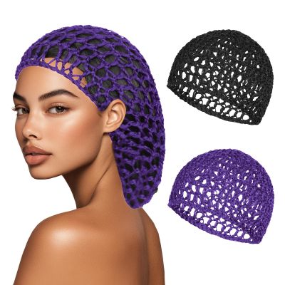 2 PCS Hair Nets for Sleeping Mesh Crochet Hair Wrap Breathable Sleep Cap for Women Reusable Elastic HairnetBlackPurple