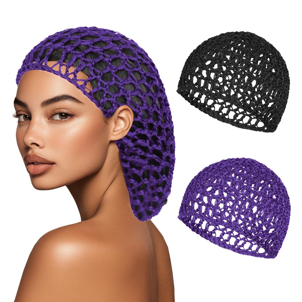 2 PCS Hair Nets for Sleeping Mesh Crochet Hair Wrap Breathable Sleep Cap for Women Reusable Elastic HairnetBlackPurple