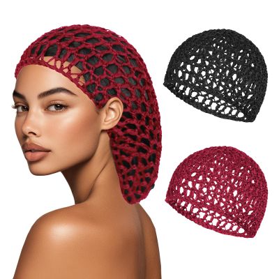 2 PCS Hair Nets for Sleeping Mesh Crochet Hair Wrap Breathable Sleep Cap for Women Reusable Elastic HairnetBlackWine