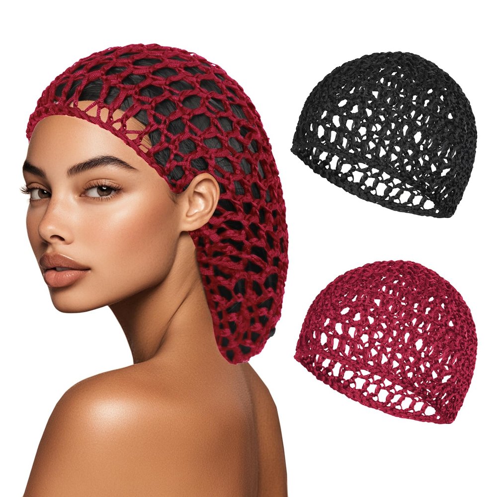 2 PCS Hair Nets for Sleeping Mesh Crochet Hair Wrap Breathable Sleep Cap for Women Reusable Elastic HairnetBlackWine