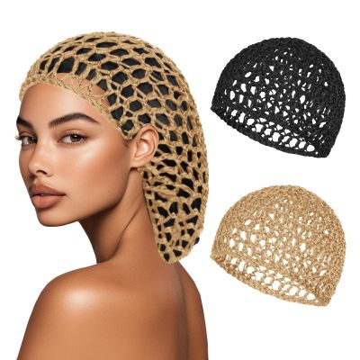 2 PCS Hair Nets for Sleeping Mesh Crochet Hair Wrap Breathable Sleep Cap for Women Reusable Elastic HairnetBlackKhaki