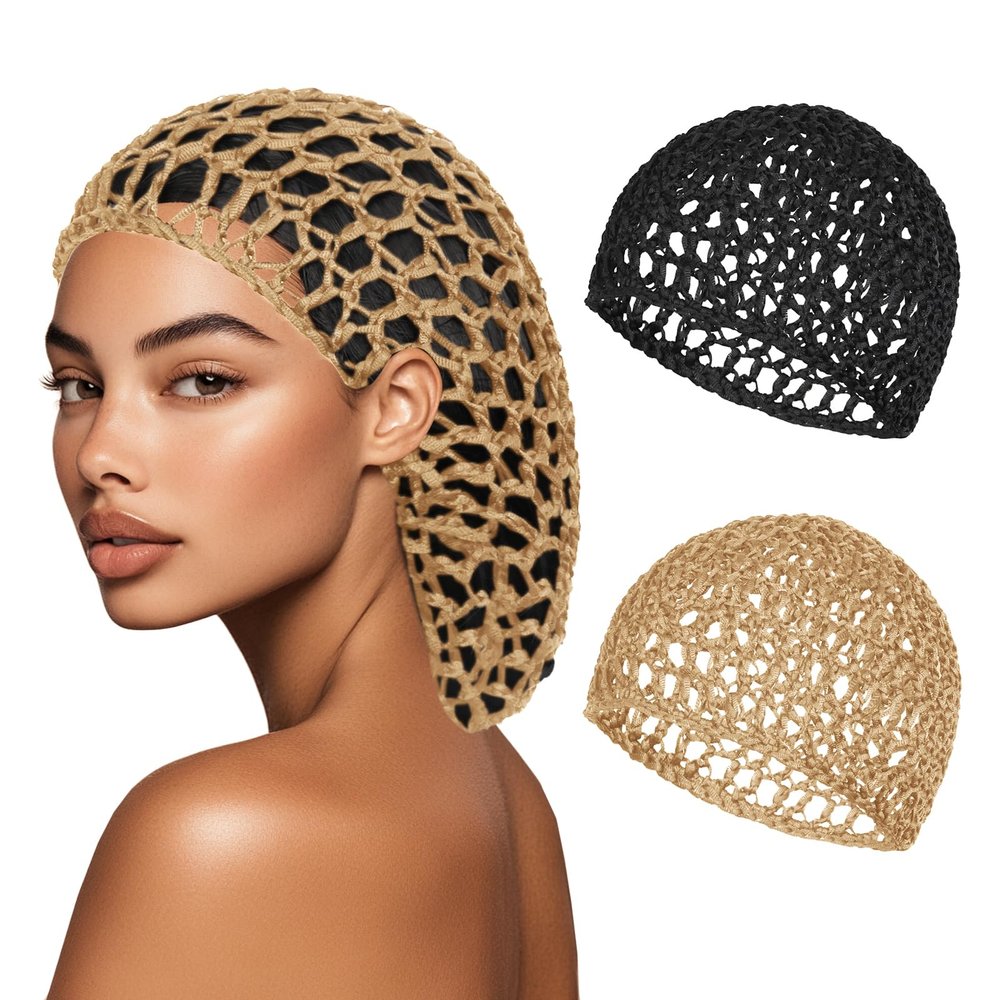 2 PCS Hair Nets for Sleeping Mesh Crochet Hair Wrap Breathable Sleep Cap for Women Reusable Elastic HairnetBlackKhaki