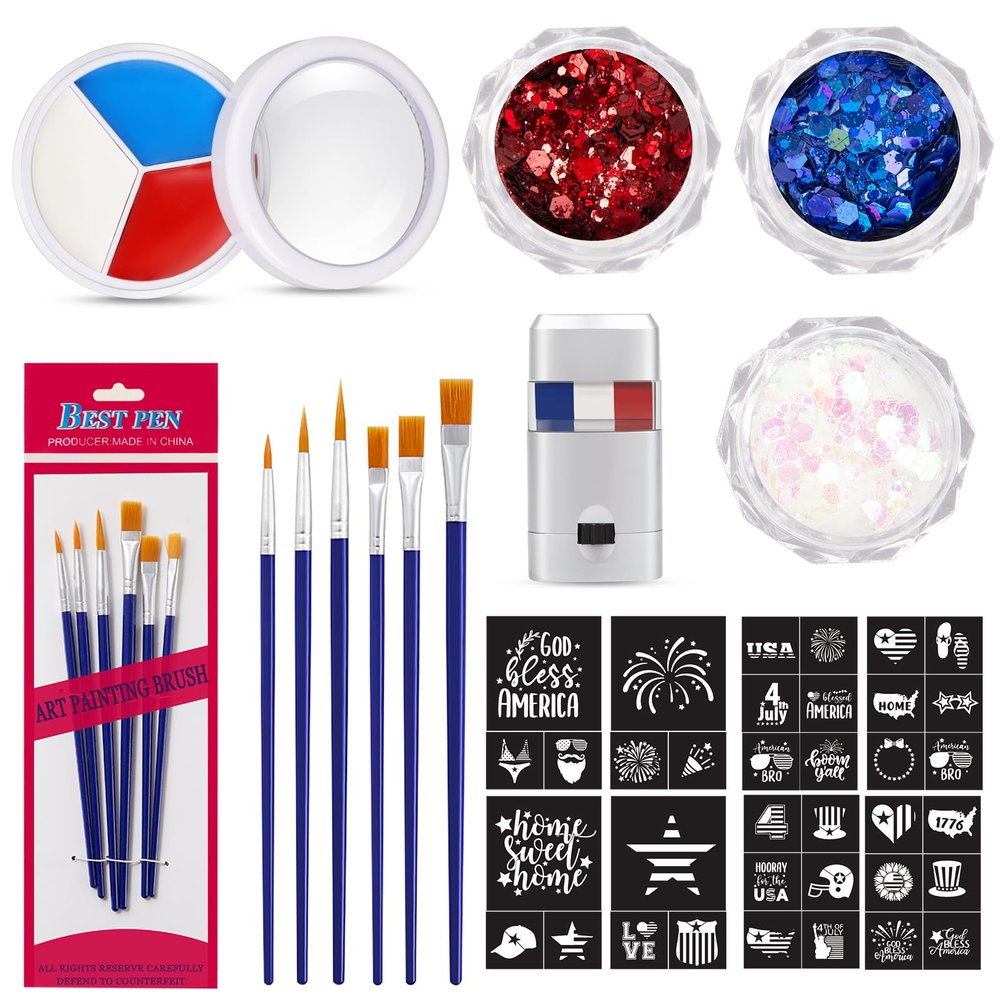 19 Pcs Red White Blue Face Paint Kit Patriotic Stripe Fan Brush Stick 3 Color Face Glitter Powder Stencil Stickers with Makeup Brush Independence Day Face Painting Kit for Memorial Day Party Favors