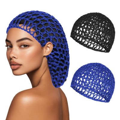 2 PCS Hair Nets for Sleeping Mesh Crochet Hair Wrap Breathable Sleep Cap for Women Reusable Elastic HairnetBlackBlue