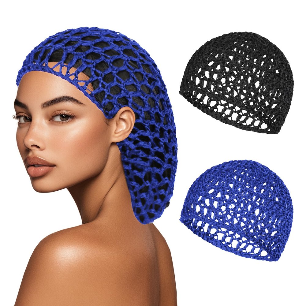 2 PCS Hair Nets for Sleeping Mesh Crochet Hair Wrap Breathable Sleep Cap for Women Reusable Elastic HairnetBlackBlue