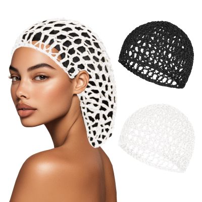 2 PCS Hair Nets for Sleeping Mesh Crochet Hair Wrap Breathable Sleep Cap for Women Reusable Elastic HairnetBlackWhite