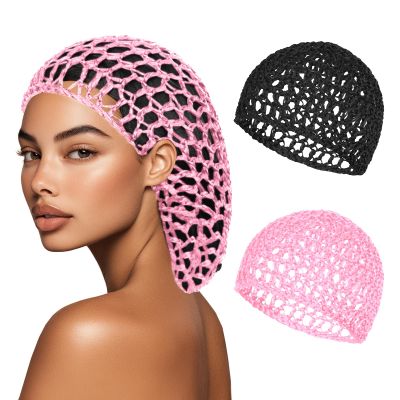 2 PCS Hair Nets for Sleeping Mesh Crochet Hair Wrap Breathable Sleep Cap for Women Reusable Elastic HairnetBlackPink