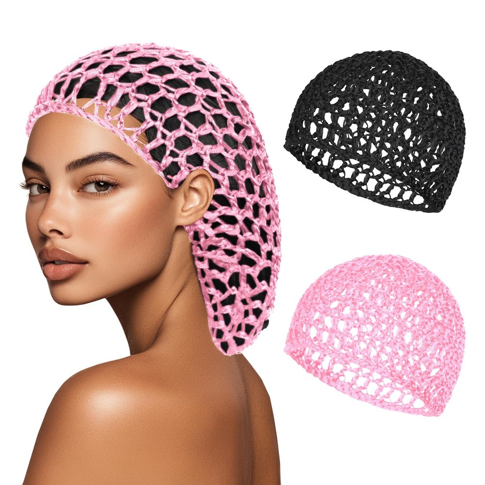 2 PCS Hair Nets for Sleeping Mesh Crochet Hair Wrap Breathable Sleep Cap for Women Reusable Elastic HairnetBlackPink