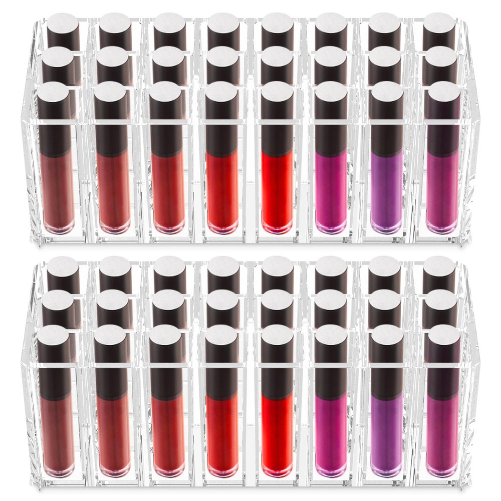 2 Pcs Lipstick Organizer Lipstick Case with 24 Slots Lip Gloss Holder, Acrylic Lipstick Storage Organizer Lipgloss Display Case, Clear Lip Balm Holder Display for Lip Gloss, Eyeliners