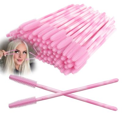 100Pcs Upgrade Silicone Mascara Wands, Disposable Mascara Wand, Pink Silicone Spoolies, Soft Lash Spoolies Brush for Eyelash Extensions, Lift and Brow Two-toned Pole