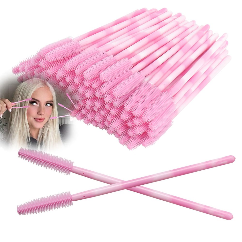 100Pcs Upgrade Silicone Mascara Wands, Disposable Mascara Wand, Pink Silicone Spoolies, Soft Lash Spoolies Brush for Eyelash Extensions, Lift and Brow Two-toned Pole