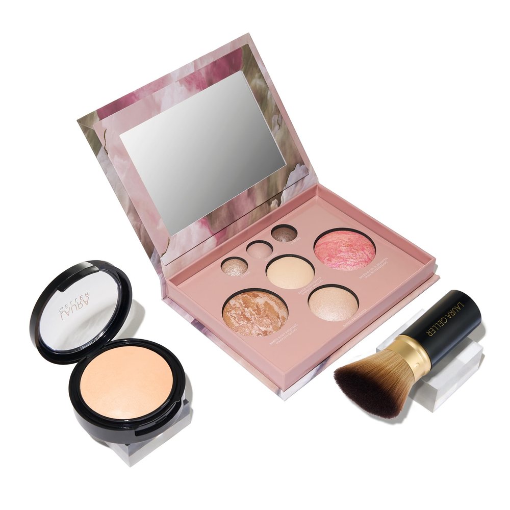 LAURA GELLER NEW YORK Baked Starter Kit - Full Coverage: Double Take Powder Foundation, Fair + Best of the Best Face Palette + Retractable Angled Kabuki Brush