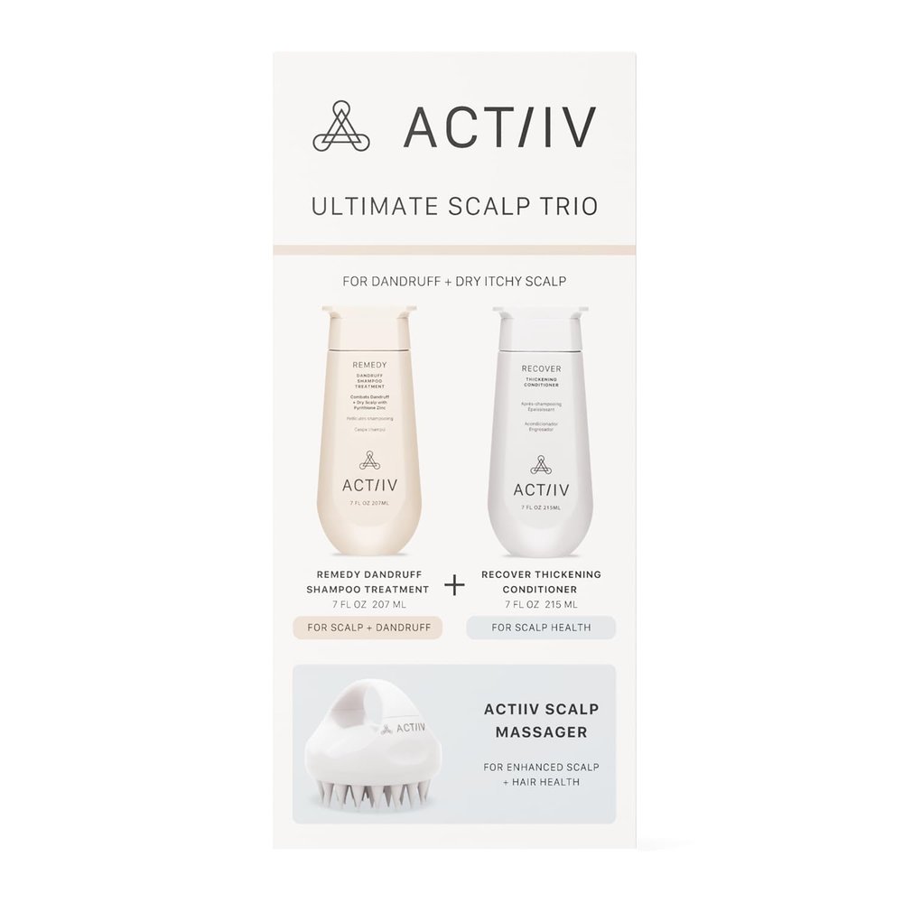 ACTIIV Ultimate Scalp Trio | Soothes Dry, Itchy Scalp, Reduces Flakes, Strengthens And Hydrates Hair, Includes Dandruff Shampoo, Conditioner & Scalp Massager, Vegan, For All Hair Types