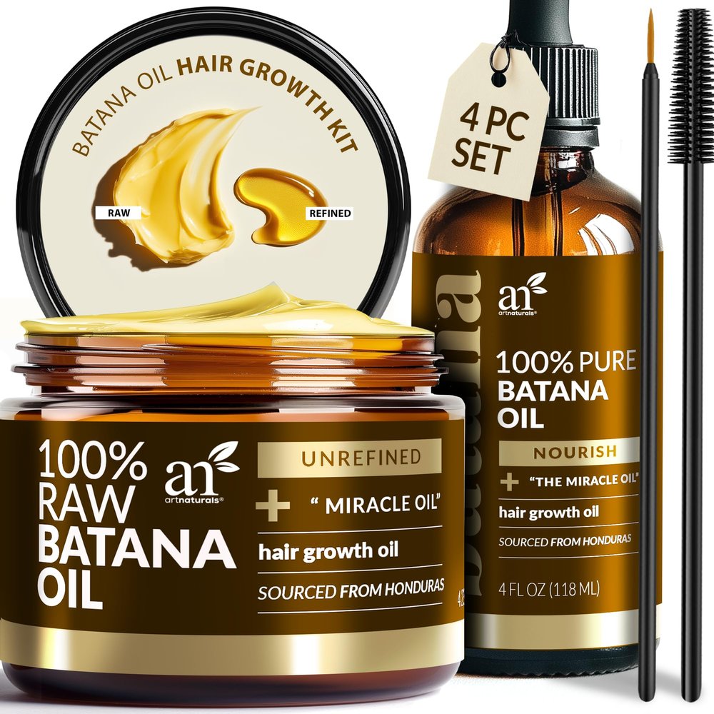Batana Oil for Hair Growth 4Pc Set: Raw Batana oil 4oz + 4.2oz Paste, Lash Wand & Brow Brush Organic Dr. Sebi Inspired Products from Honduras 100% Unrefined Miracle for Scalp, Edges & Eyebrows