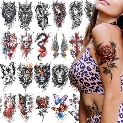 21-Sheet Temporary Tattoos - Half Arm Fake Tattoos for Men & Women - Owl, Snake, Tiger & Gothic Designs - Waterproof Bold Body Art for Parties & Festivals