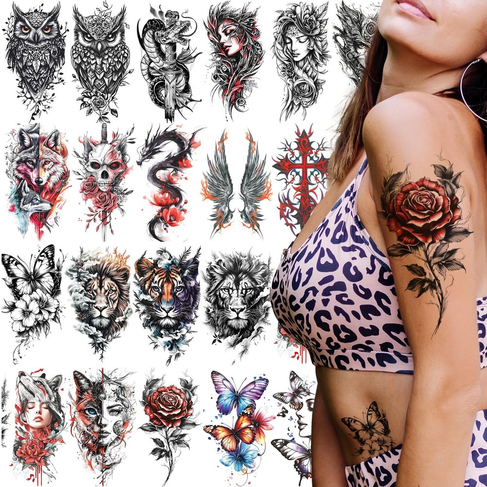 21-Sheet Temporary Tattoos - Half Arm Fake Tattoos for Men & Women - Owl, Snake, Tiger & Gothic Designs - Waterproof Bold Body Art for Parties & Festivals
