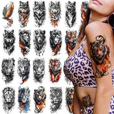 21-Sheet Temporary Tattoos - Half Arm Fake Tattoos for Men - Lion, Tiger & Wolf Designs - Waterproof Bold Animal Tattoos for Parties & Festivals