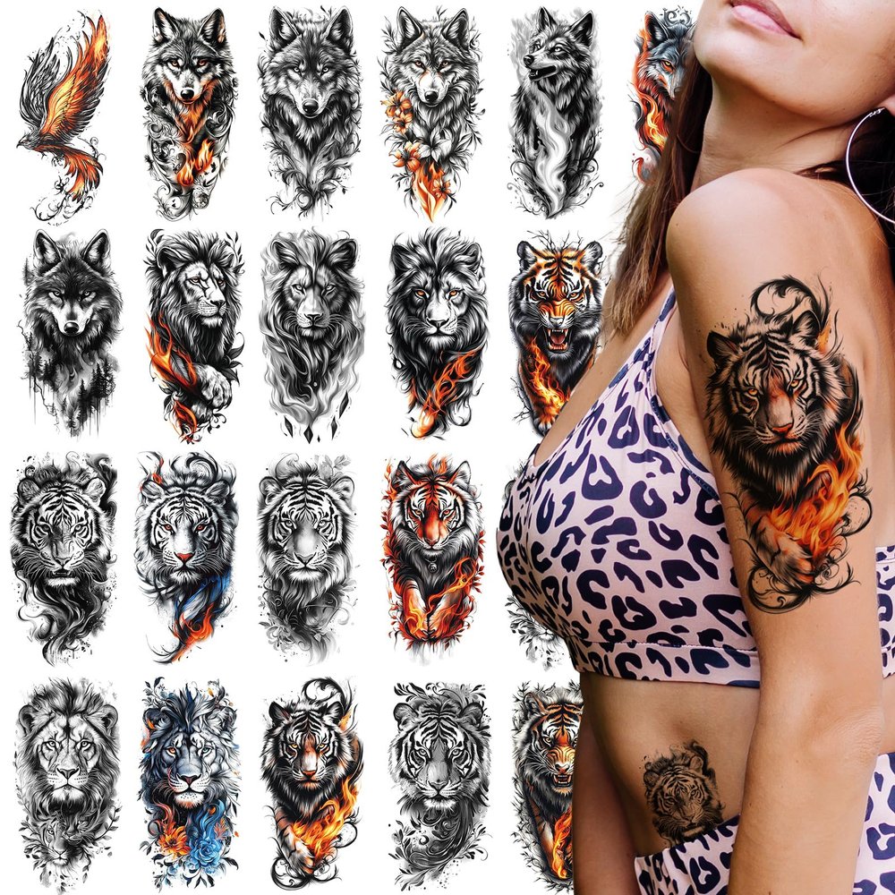 21-Sheet Temporary Tattoos - Half Arm Fake Tattoos for Men - Lion, Tiger & Wolf Designs - Waterproof Bold Animal Tattoos for Parties & Festivals