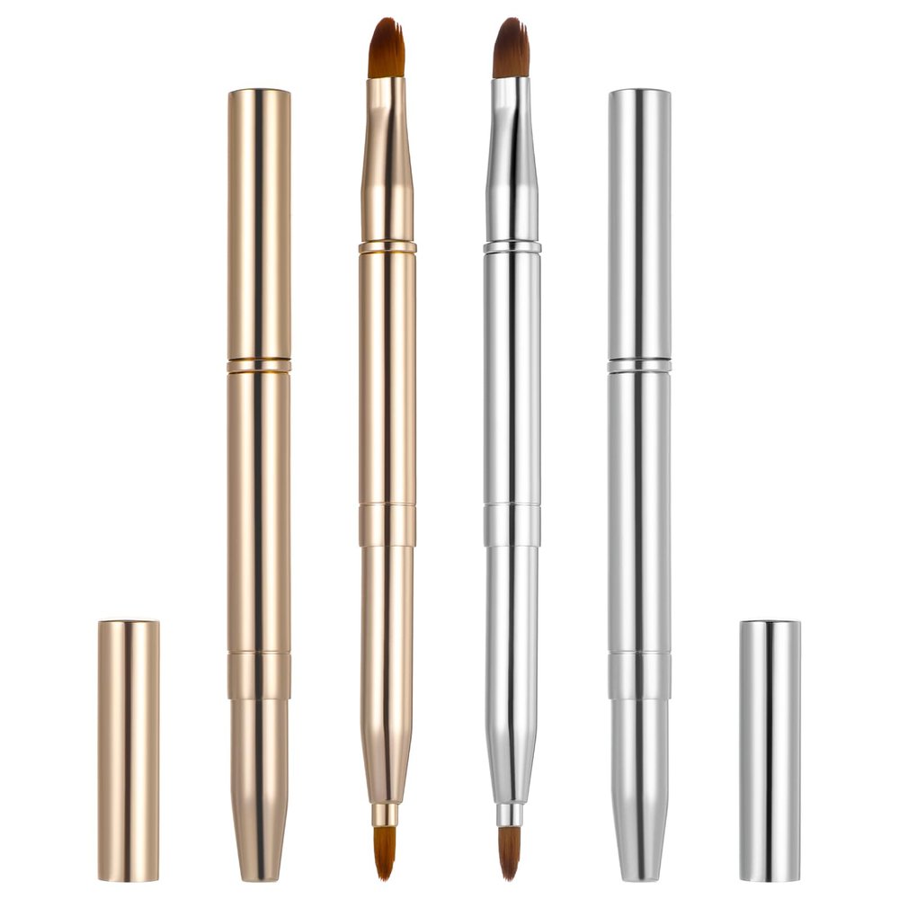 2PCS Lip Brush Double-ended Lip Makeup Brushes Retractable Lips Brushes Travel Makeup Brush Set for Lipstick Eyeshadow Lips Gloss Include Lid(Gold Silver)