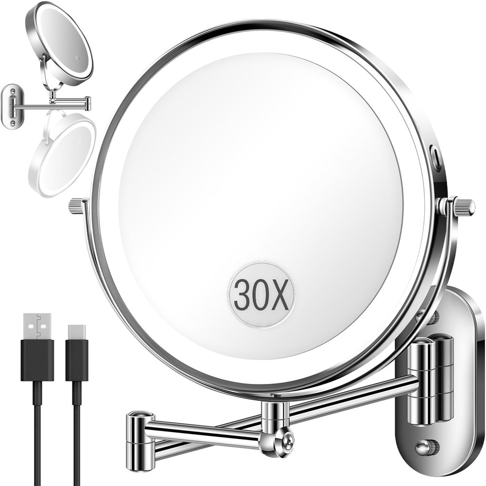 30X/1X Wall Mounted Lighted Makeup Mirror, 9'' Height Adjustable Double Sided 5000mAh Rechargeable Magnifying Bathroom Mirror with Light, 3 Color Modes Touch Dimmable Extended Arm 360 Rotation